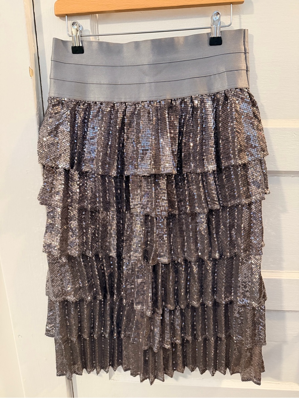 Sequin Tiered Pencil Skirt in Metallic Gray